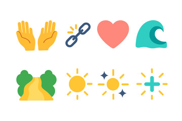 Obraz premium Forgiveness Icon Set. Forgiveness Icons Set flat icon set: open hands, broken chain, soft heart, gentle wave, cleared path, calm glow, release dove, healing spark