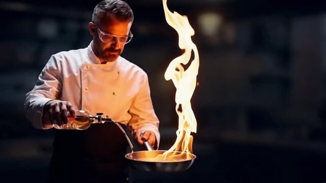 A talented chef showcases his skills in a sleek kitchen as he expertly uses flames to create spectacular fire effects. The show highlights creativity and culinary flair.
