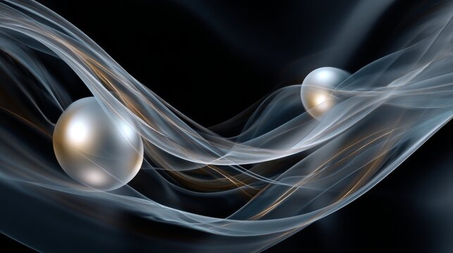 Soft Glowing Orbs Merging with Flowing Ribbons of Silk on a Dark Background for Abstract Art and Design