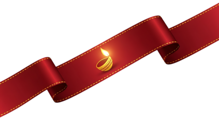 Golden diya lamp on a winding red ribbon isolated on transparent background