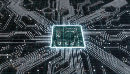 Advanced Tech Circuit: A close-up view unveils the intricate pathways of a cutting-edge computer chip, symbolizing the future of technological advancements and the interconnected digital world.