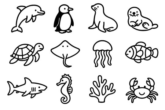 Aquatic Zoo Icons. Aquatic zoo life linear icon set. dolphin, penguin, sea lion, otter, turtle, stingray, jellyfish, clownfish, shark, seahorse, coral, crab