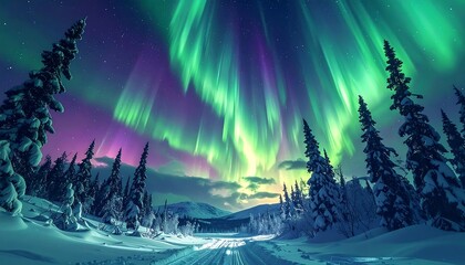 A breathtaking night sky display of aurora borealis illuminates a snowy landscape and evergreen trees