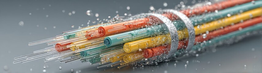 Optical Fiber Cable in Minimalist Setting, featuring an isolated fiber cable against a clean, simple backdrop, emphasizing clarity and modern design in a spacious environment