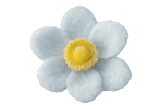 Crafting a soft flower shape with white petals and a yellow fluffy center, handmade felt decoration on transparent background