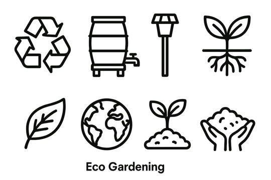 Eco Gardening Icons. Eco Gardening linear icon set. recycle icon, rain barrel, solar lamp, plant roots, green leaf, earth globe, seedling, hands in soil