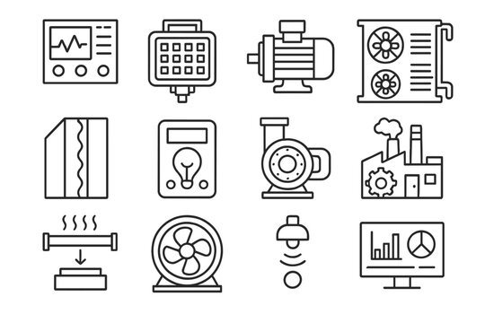 Industrial Efficiency Icons. Industrial Efficiency Technologies linear icon set. automated control panel, LED floodlight, variable speed motor, heat recovery unit, factory