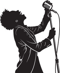 Silhouette of a singer with curly hair singing into a vintage microphone woman