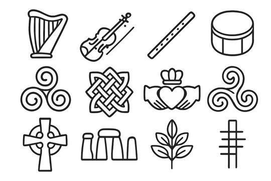 Celtic Symbols and Instruments. Celtic music and symbols linear icon set: harp, fiddle, flute, drum, triskelion, knot pattern, claddagh, spiral, Celtic cross, stone circle, leaf