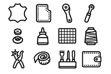 Fototapeta premium Leathercraft Tools and Creations. Handmade Leatherwork linear icon set: leather sheet, pattern template, rotary cutter, stitching wheel, snap button, glue pot, cutting mat, thread