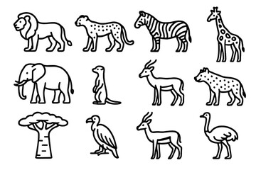 Obraz premium Savanna Wildlife Icons. Savanna wildlife linear icon set. lion, cheetah, zebra, giraffe, elephant, meerkat, antelope, hyena, ostrich, baobab tree, vulture, gazelle