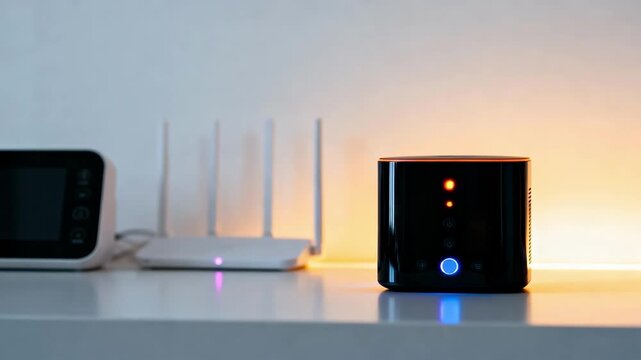 Medium shot of a sleek home control hub managing multiple connected devices for seamless automation and convenience.