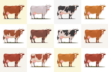 Collection of diverse cow breeds in a grid pattern with light backgrounds