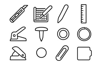 Fototapeta premium Craft Tool Icons. Minimalist tools and fasteners linear icon set: craft knife, paper trimmer, bone folder, ruler, hole punch, brad, eyelet, binder ring, foam adhesive dot, corner