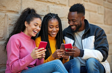 Diverse friends share cellphone content outdoors. Three young people use smartphones social network app. Casual clothes, city environment, wireless communication. Laughing youth enjoy tech,