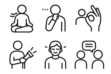Obraz premium Mindful Communication Icons. Mindful Communication Signals linear icon set: grounding breath, thoughtful pause, open circle gesture, guiding light, warm expression, aligned chat