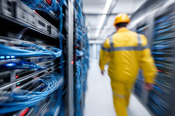 Overhead angle showing faceless worker with detailed azure-lit computing equipment and cable systems in corridor, with copy space