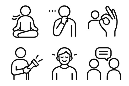 Mindful Communication Icons. Mindful Communication Signals linear icon set: grounding breath, thoughtful pause, open circle gesture, guiding light, warm expression, aligned chat