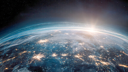 Digital network connections illustrate global communication over illuminated cities on Earth with a glowing sunrise in outer space view of the planet at night