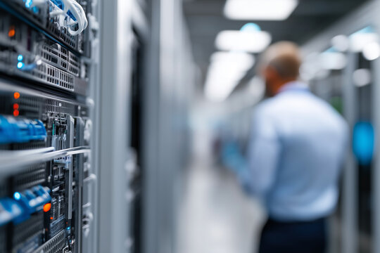 Blurred IT specialist with sharp detailed view of metallic racks under electric blue lighting in hallway, with copy space - Powered by Adobe