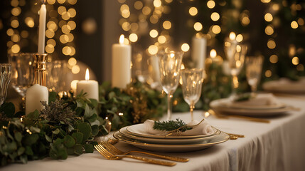 Elegantly decorated table setting with candles and golden cutlery for dinner