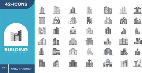 42 Building Icons Collection in Modern Vector Style for Architecture, Construction, Real Estate, Urban Planning, Infrastructure, Interior, and Exterior Design Projects.