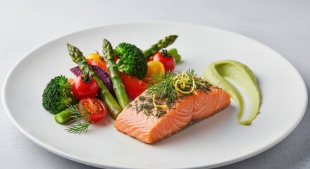 Gourmet salmon fillet with fresh steamed vegetables and avocado puree on a white plate