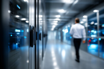 Defocused data center worker while sharp detailed server corridor with vivid blue illumination stays in focus, with copy space