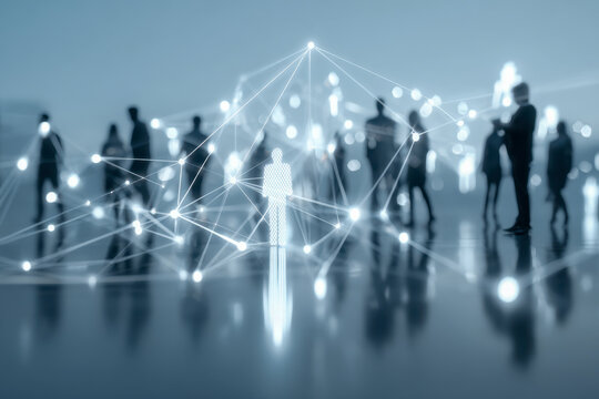 Network of connected individuals represented by glowing nodes and lines with silhouettes of people in the background symbolizing digital communication and relationsh