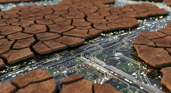 Conceptual 3D rendering of a technological network flowing beneath a barren, cracked desert landscape