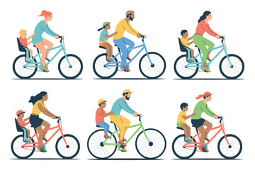 Diverse families enjoying bicycle rides together outdoors
