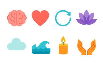 Mindfulness Icon Set. Calm Mind flat icons set. brain, heart, breathing circle, lotus flower, candle, cloud, gentle wave, open hands
