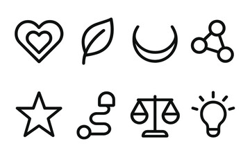 Obraz premium Workforce Diversity Icons. Workforce Diversity Concepts linear icon set: belonging heart, respect leaf, harmony curve, connection line, opportunity star, fairness path, balance