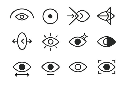 Optical Function Symbols. Optical Function Pack linear icon set: peripheral vision arc, focal point dot, light beam entry, refraction arrow, lens curvature, clarity symbol