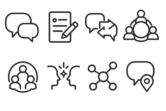 Collaborative Icons. Collaborative Conversation Spaces linear icon set: group bubble, shared notes, dialogue arrows, roundtable icon, community circle, idea exchange spark