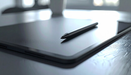 Modern Digital Workspace: A sleek digital tablet lies on a desk, a pen poised beside it, ready for use, suggesting a seamless blend of technology and creativity.