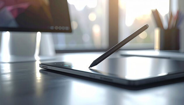 Digital Design: An elegant digital pen floats gracefully above a sleek tablet device, set against a backdrop of a bright workstation environment.
