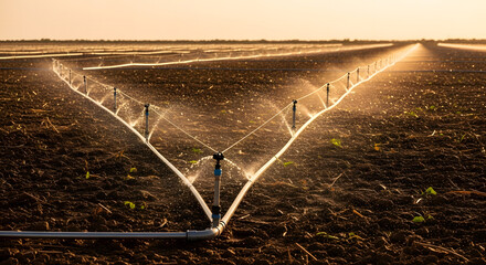 Agricultural irrigation system spraying water on a vast cultivated field, symbolizing modern farming techniques and efficient water management for crop growth