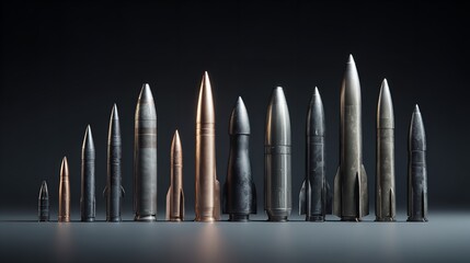 A series of missiles are shown in various sizes and angles