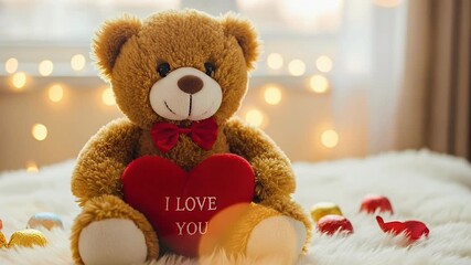 A charming brown teddy bear, adorned with a festive red bow tie, sits gracefully on a soft, white fluffy surface. It affectionately holds a plush red heart cushion emblazoned with the words 'I LOVE YO