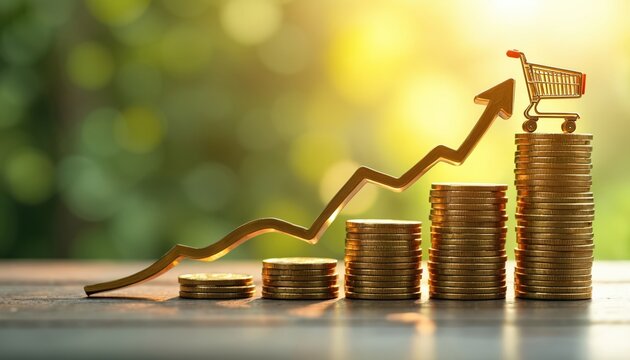 Rising stacks of gold coins with upward trend arrow. Small shopping cart sits on top coin stack. Visualizes increasing prices, cost of living, economic inflation. Money value changes, showing market