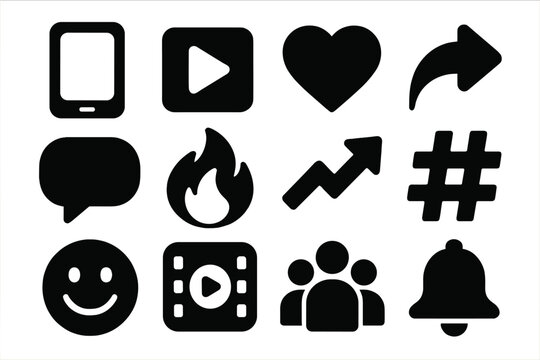 Bold Social Media Icons. Social Viral Content silhouette icon set. smartphone, play button, heart icon, share arrow, chat bubble, fire icon, trending arrow, hashtag, emoji face