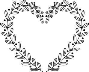 Elegant botanical heart wreath made of leaves and dots creating a decorative natural frame for romance, celebration, and design