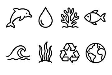 Naklejka premium Ocean Conservation Icons. Blue Planet Care linear icon set. dolphin, water droplet, coral, fish, wave, seaweed, recycling logo, globe