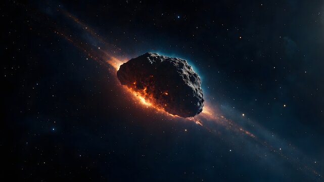 Burning asteroid entering atmosphere with glowing fire trail, dramatic space impact scene
