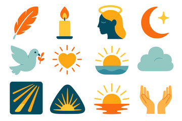 Celestial Symbols Collection. Celestial Watcher flat icon set : feather, candlelight, glowing halo, moon, star, dove, heart, radiant aura, sunrise, soft cloud, light beam, open