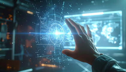 Cybernetic Touch: A hand interacts with an intricate digital interface, suggesting innovation and technological advancement, in a high-tech environment.