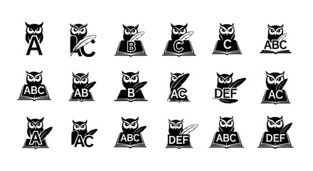 Elegant owl logo design set for education and knowledge with books and lettering combination