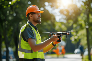 Male drone operator launching UAV for urban inspection wearing high-visibility vest and hard hat.