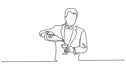 Continuous Line Drawing of Bartender Pouring Drink From Bottle to Glass Minimalist Design One Line Artwork